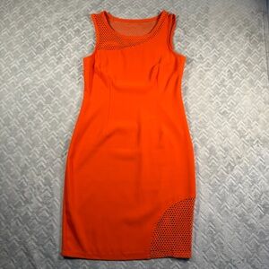 Sleek Orange Sleeveless Midi Dress with Mesh Accents